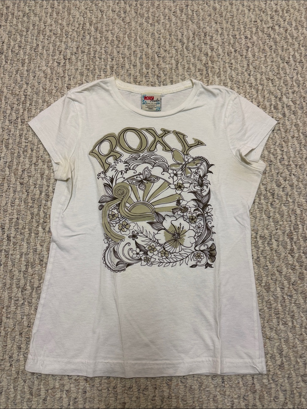Roxy White Short Sleeve Graphic Tee with Olive and Brown Floral Print
